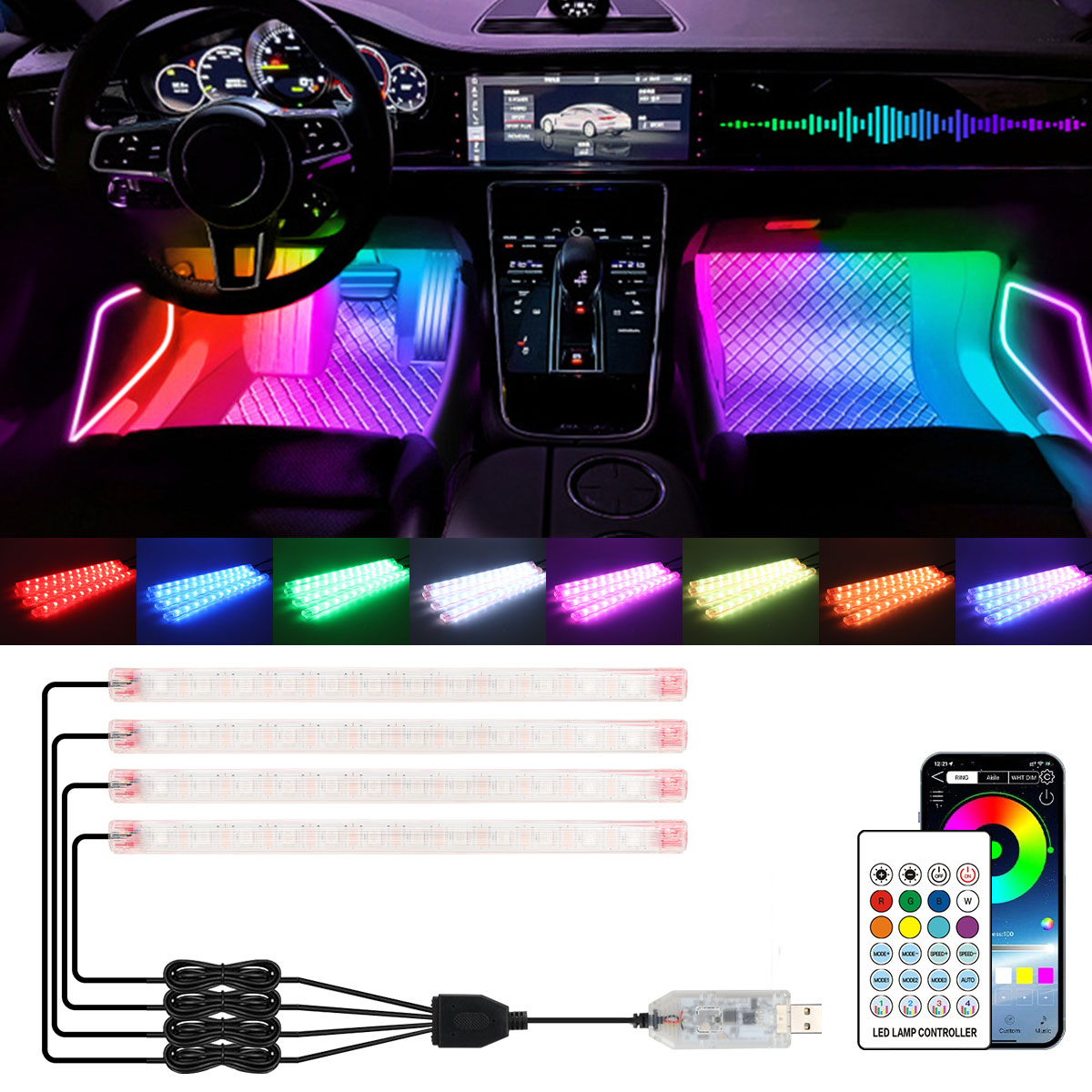 2/4 в 1, 12/18 светодиодов RGB – обзор и цена Led Ambient Interior Car Lights App Control